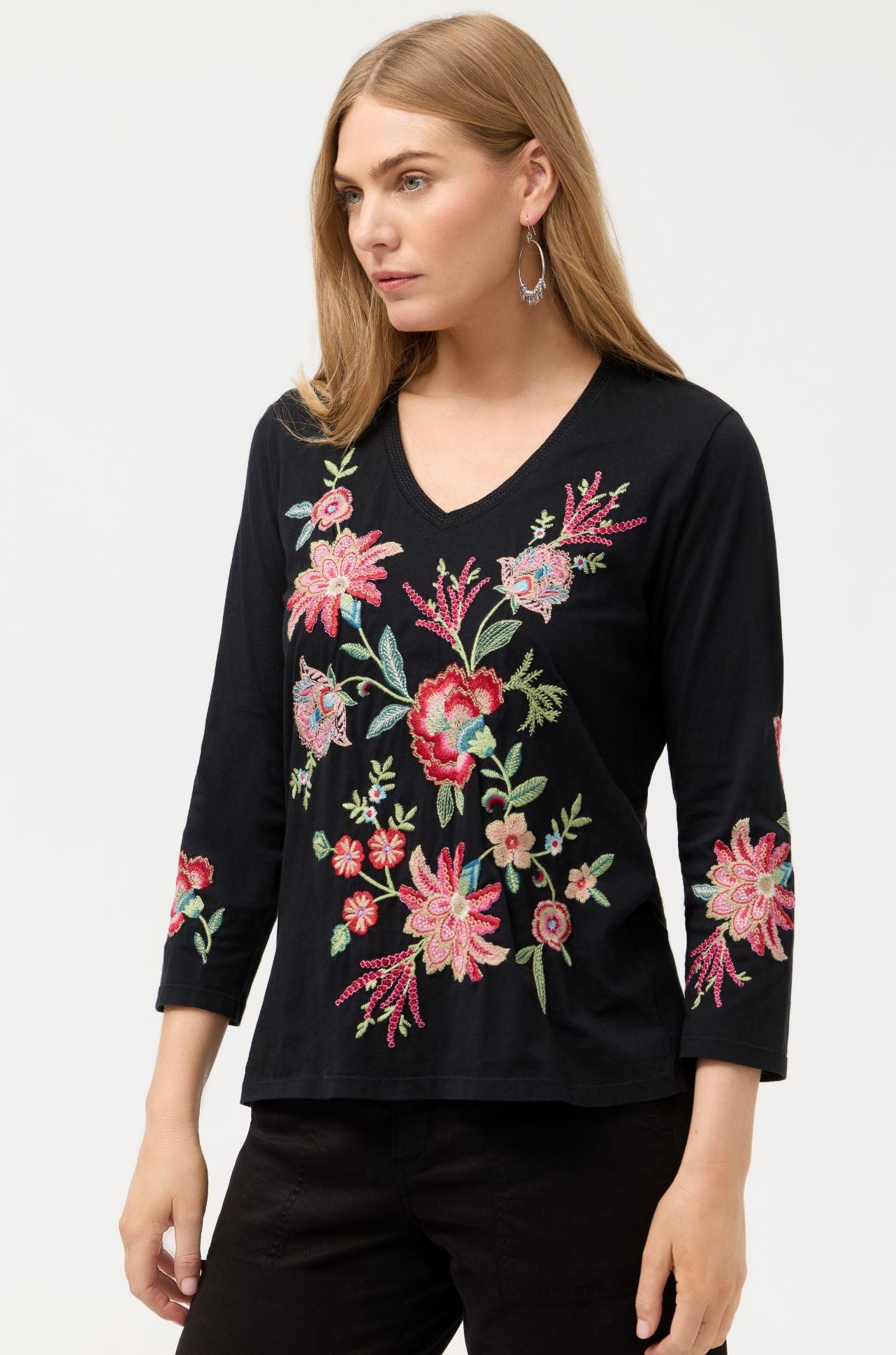 Johnny Was - 3/4 Sleeve Trapunto V Neck Tee in Junie