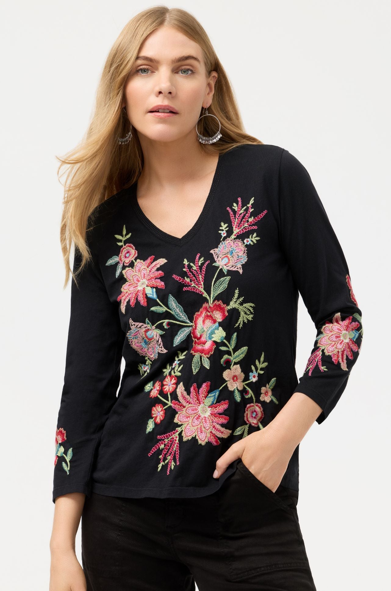Johnny Was - 3/4 Sleeve Trapunto V Neck Tee in Junie