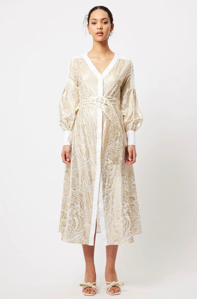 Once Was - Elysian Contrast Panel Coat Dress in Gilded Arcadia