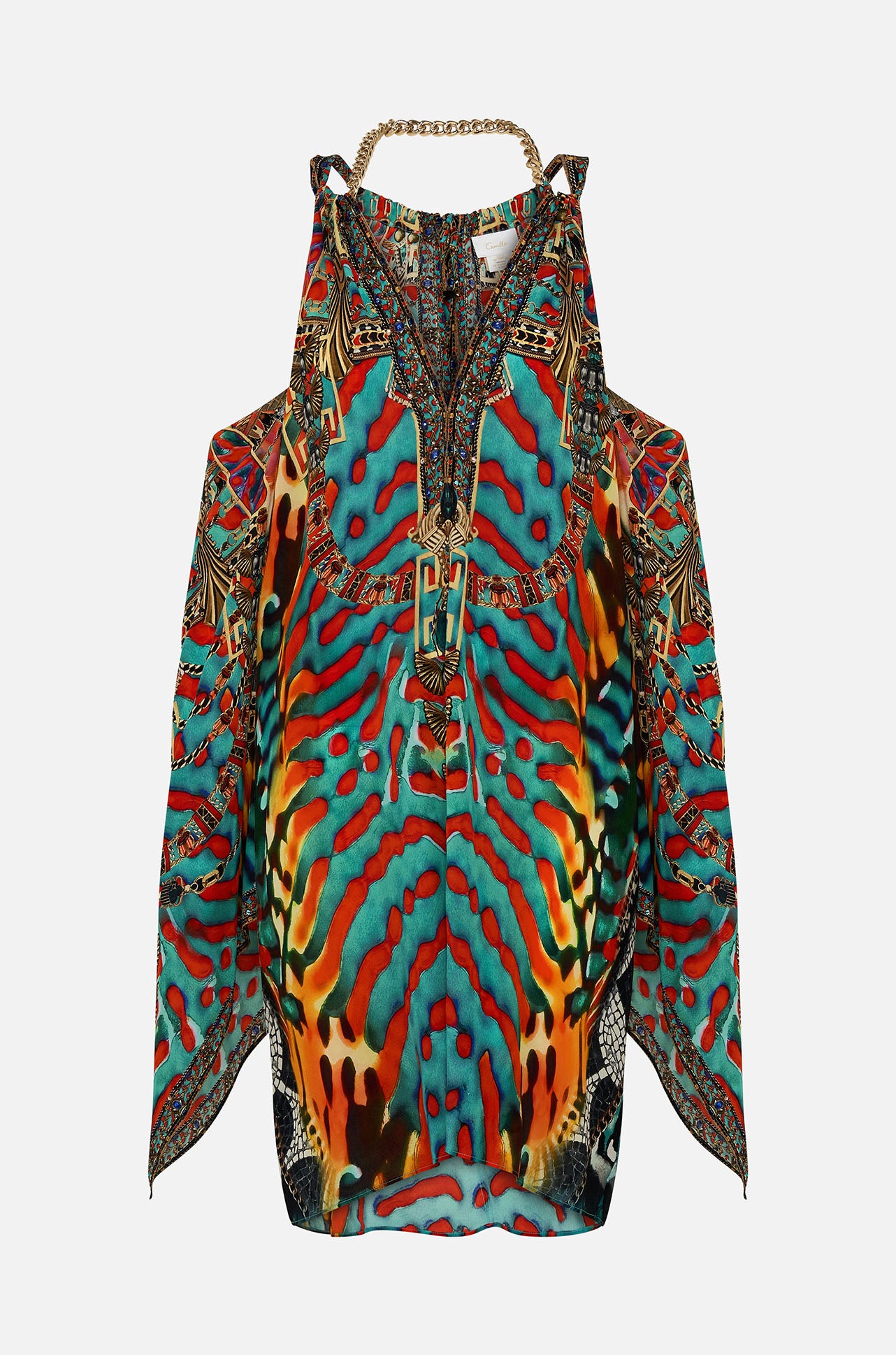 Camilla - Desert Visions Flared Sleeve Cold Shoulder Short Kaftan