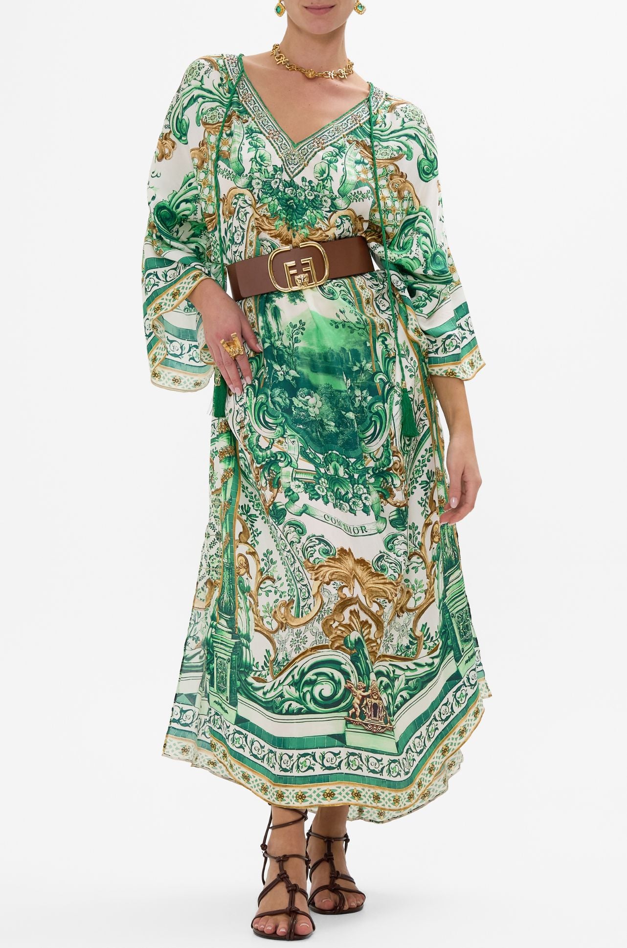 Camilla - Corridor Of Calm V Neck Kaftan with Ties