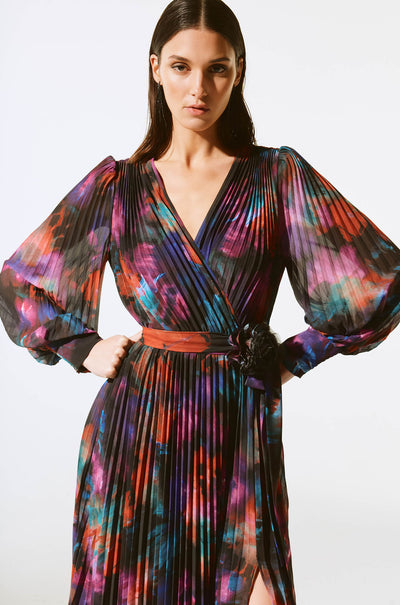 Joseph Ribkoff - Floral Print Chiffon Pleated Midi Dress