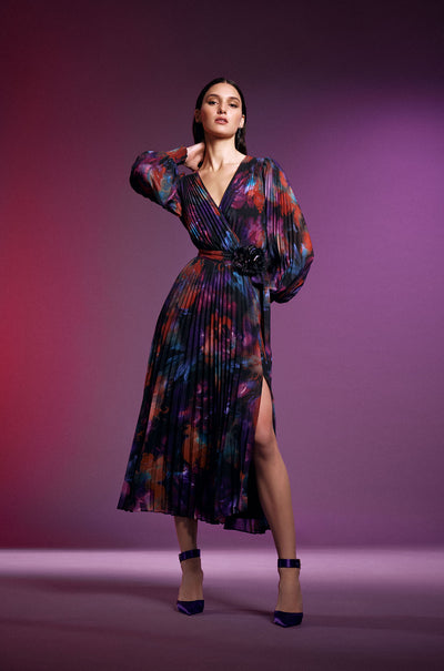 Joseph Ribkoff - Floral Print Chiffon Pleated Midi Dress