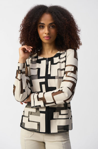 Joseph Ribkoff - Mesh and Leatherette Fitted Jacket in Moonstone / Black