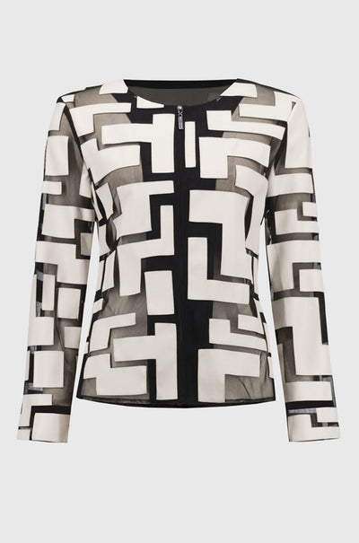 Joseph Ribkoff - Mesh and Leatherette Fitted Jacket in Moonstone / Black