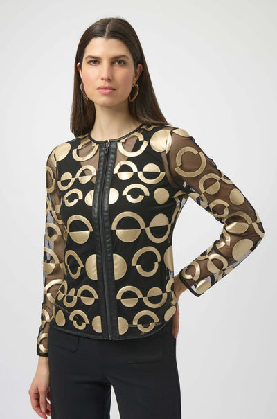 Joseph Ribkoff - Mesh and Leatherette Collarless Jacket