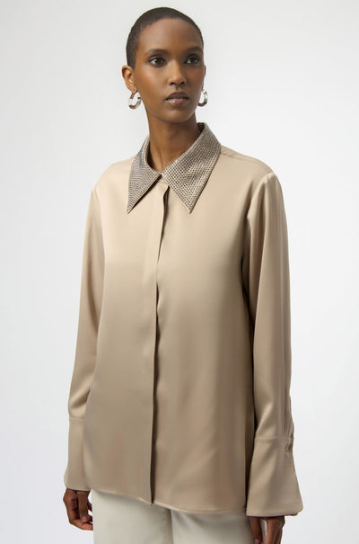 Joseph Ribkoff - Satin Button Front Blouse with Embellished Collar