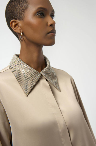 Joseph Ribkoff - Satin Button Front Blouse with Embellished Collar