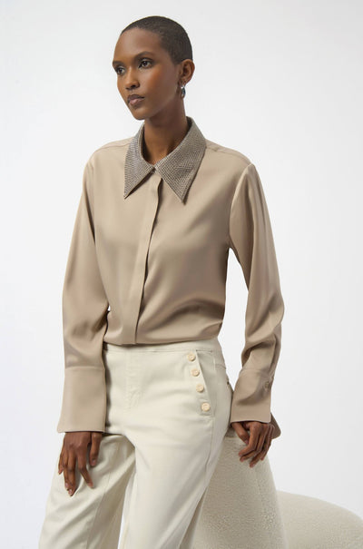 Joseph Ribkoff - Satin Button Front Blouse with Embellished Collar