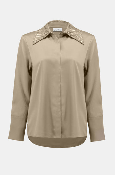 Joseph Ribkoff - Satin Button Front Blouse with Embellished Collar