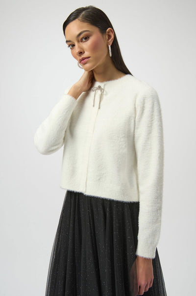Joseph Ribkoff - Feather Yarn Cardigan with Rhinestone Bow