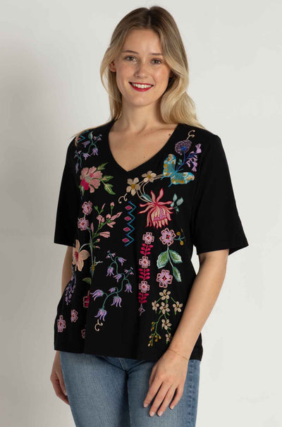 Johnny Was - 3/4 Sleeve Trapunto V-Neck Tee in Maureen Print