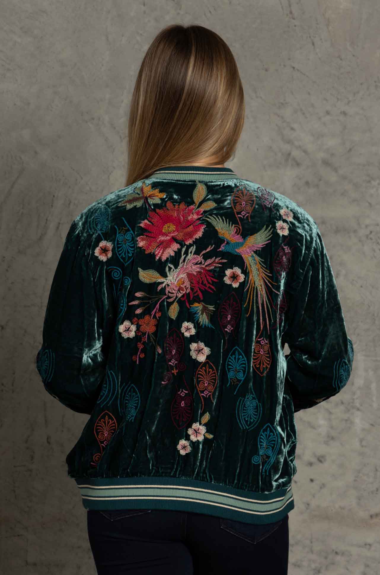 Johnny Was Ashira Velvet Snap Front Bomber Jacket