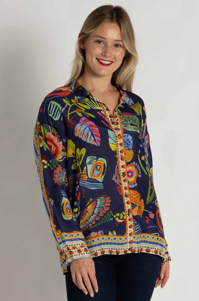Johnny Was - The Audrey Oversized Shirred Back Shirt in Farout Scarf Print