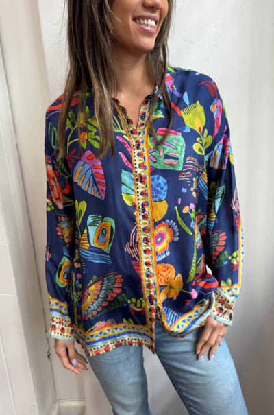 Johnny Was - The Audrey Oversized Shirred Back Shirt in Farout Scarf Print