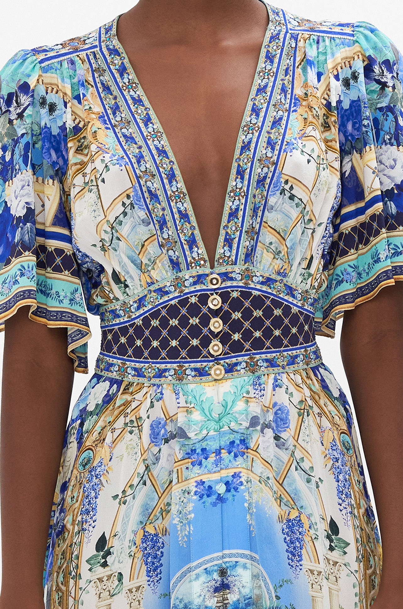 Camilla - Views Of Vesuvius Shaped Waistband Dress w/ Flutter Sleeves