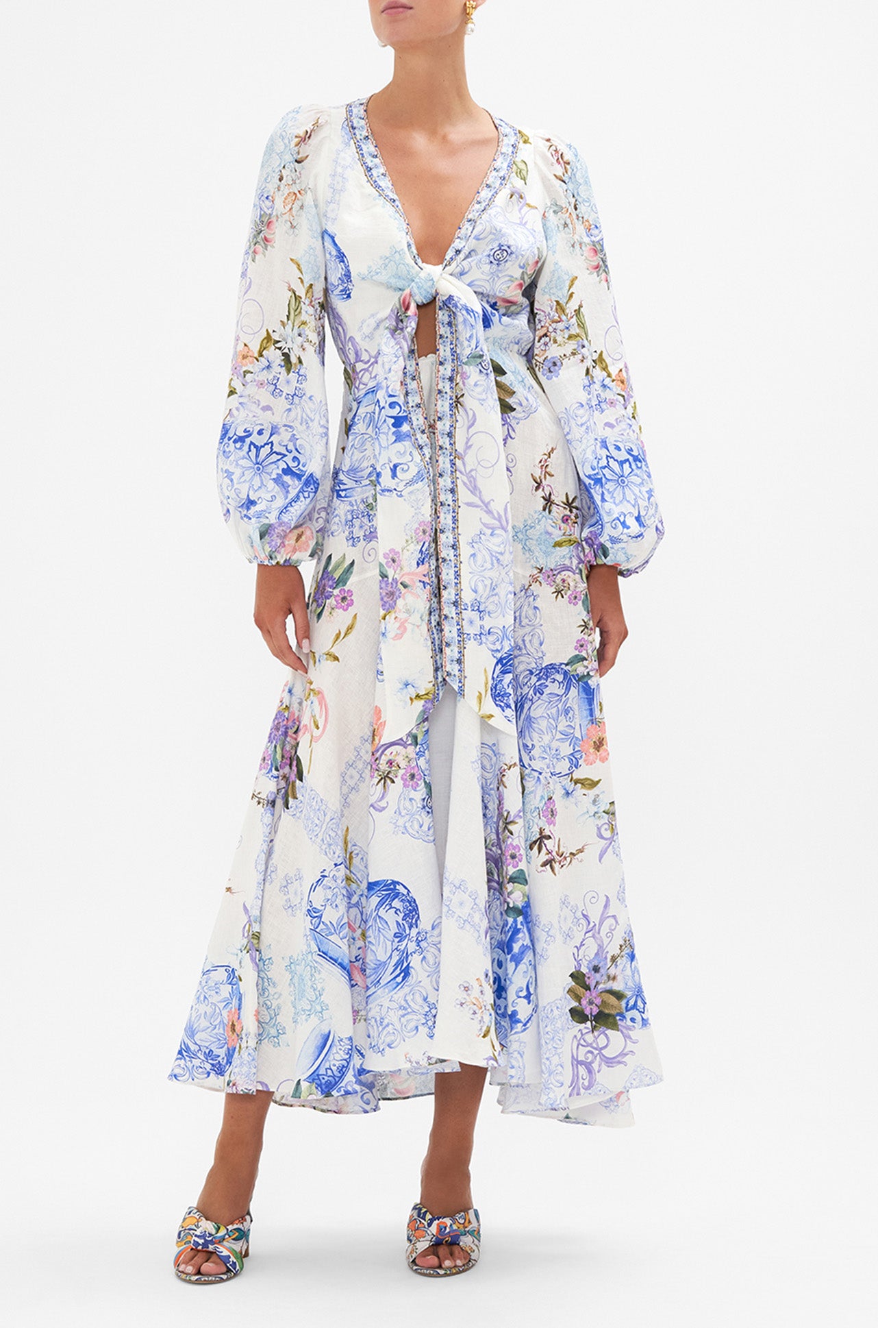 Camilla - Paint Me Positano Wrap Tie Dress w/ Blouson Sleeve