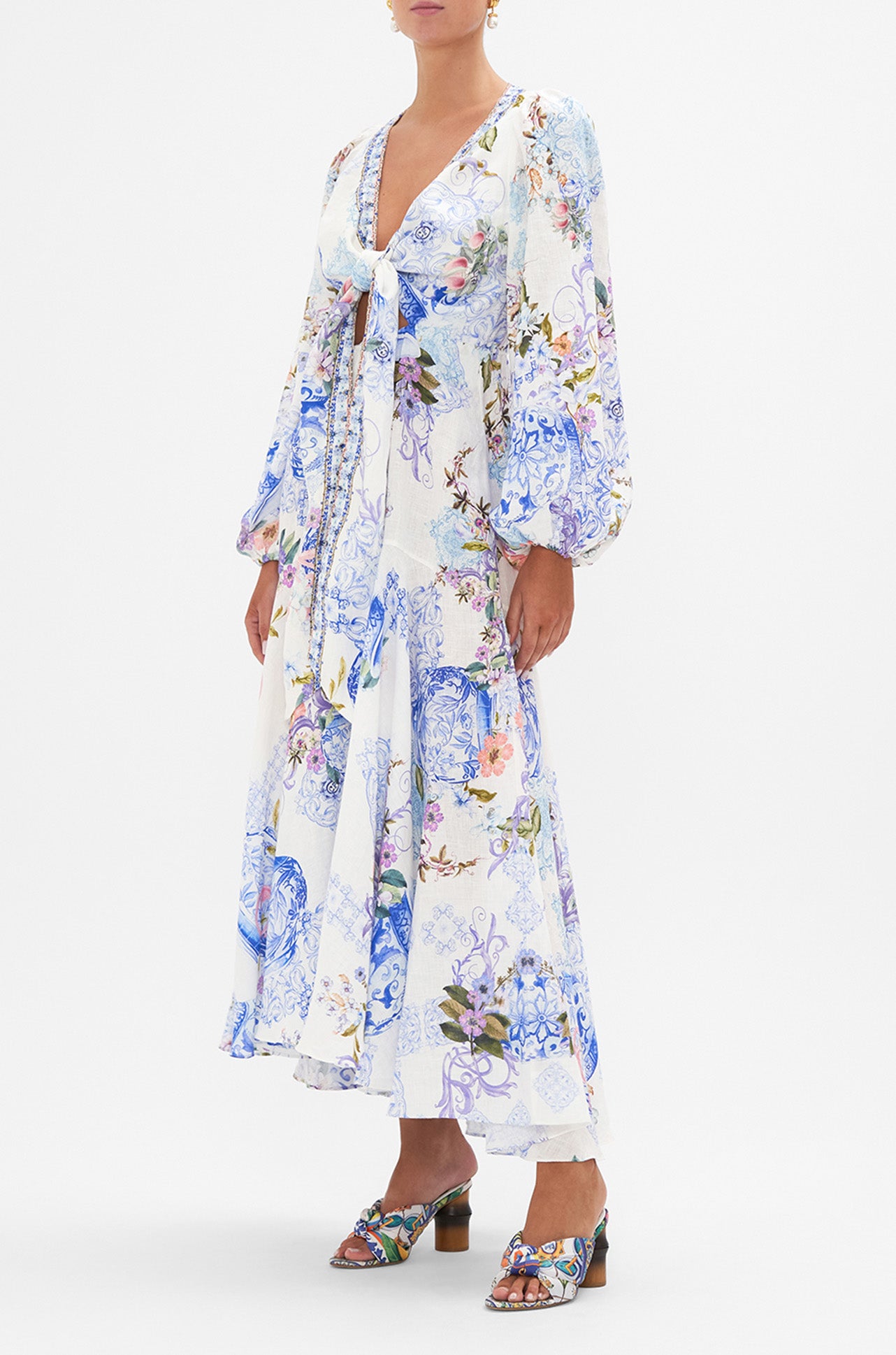 Camilla - Paint Me Positano Wrap Tie Dress w/ Blouson Sleeve