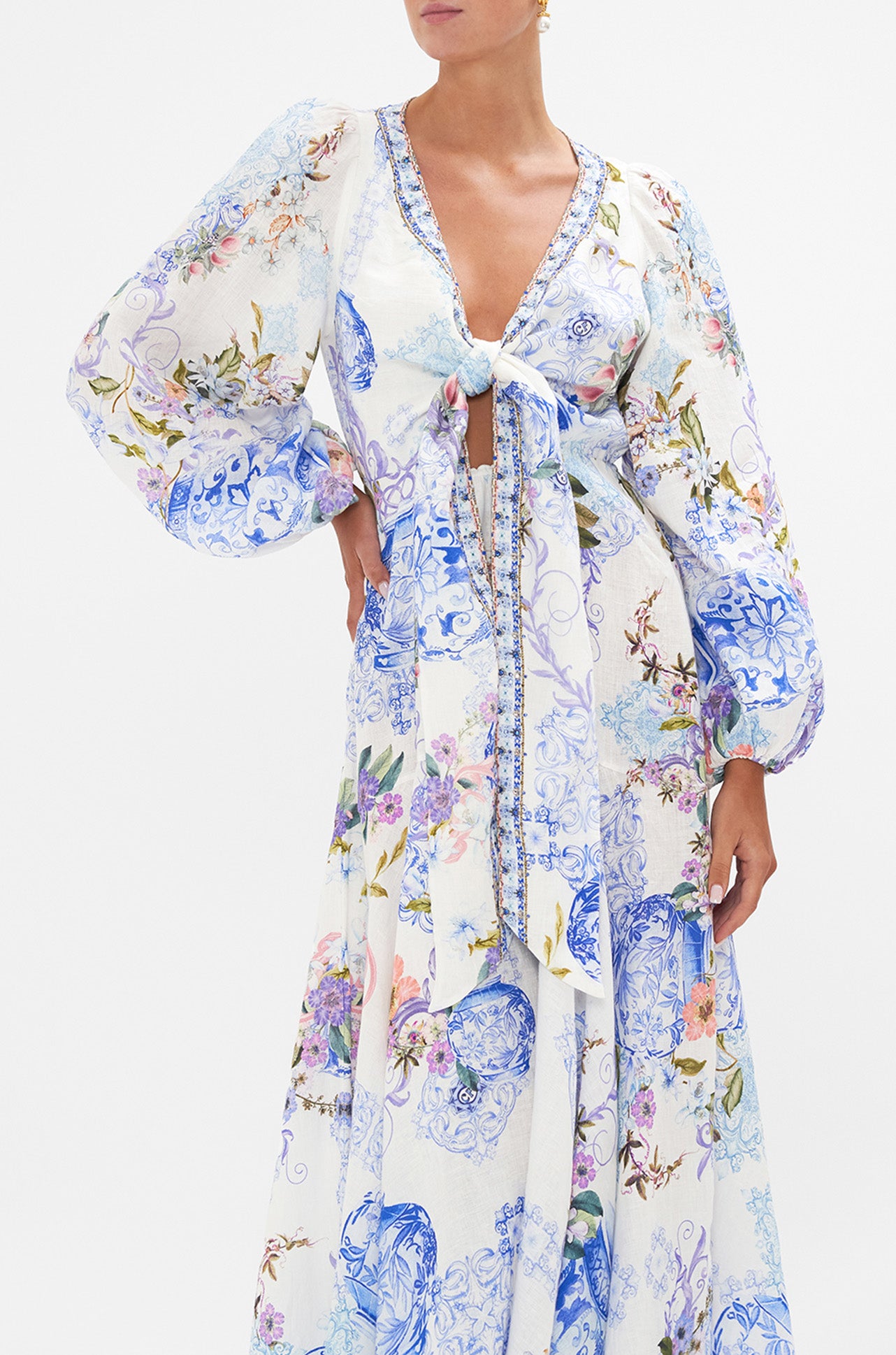 Camilla - Paint Me Positano Wrap Tie Dress w/ Blouson Sleeve