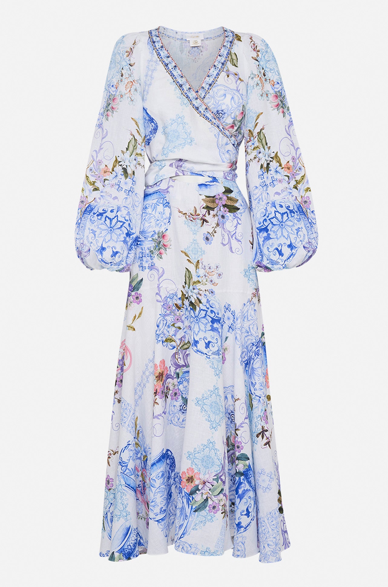 Camilla - Paint Me Positano Wrap Tie Dress w/ Blouson Sleeve