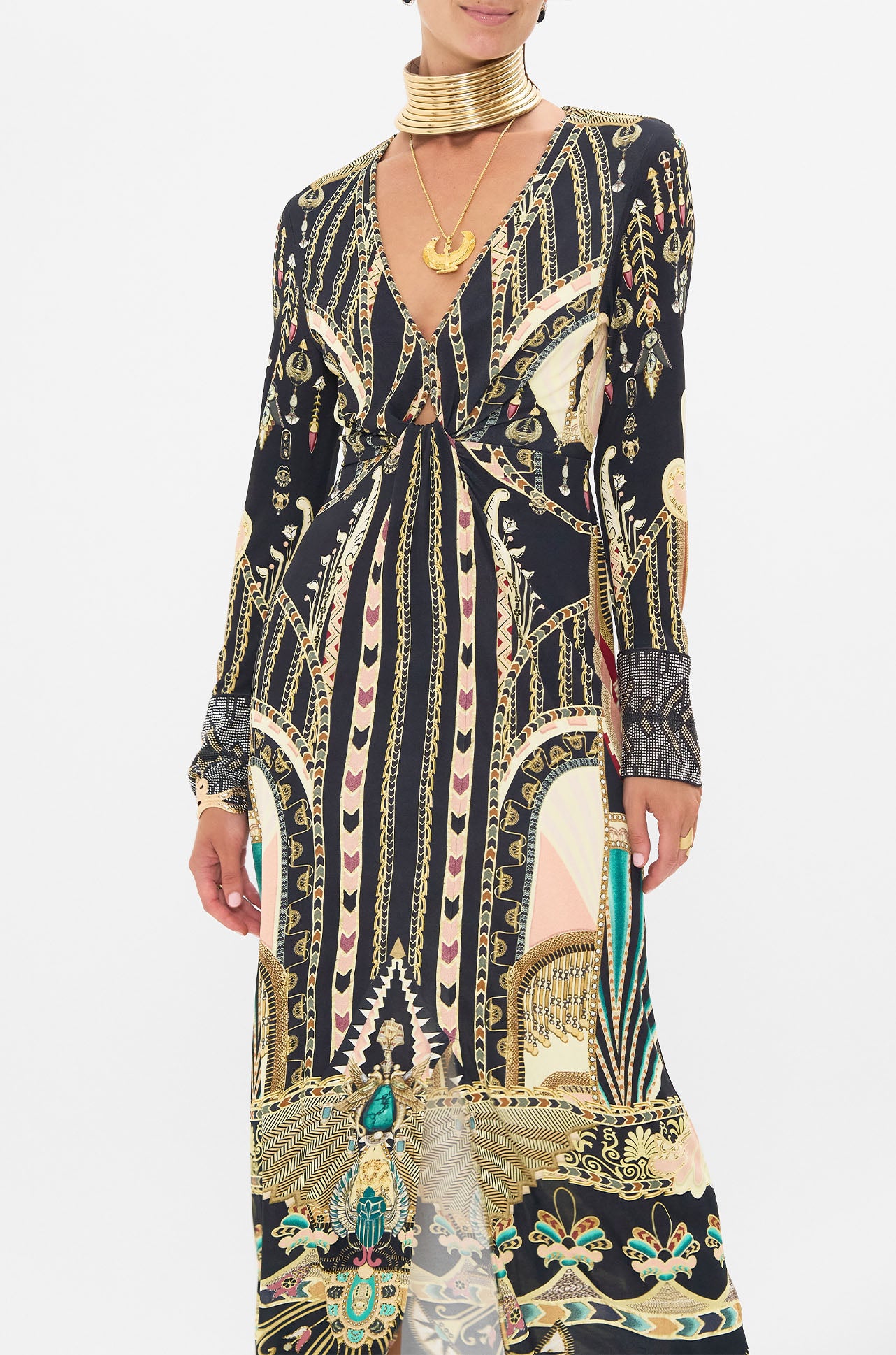 Camilla - They Call Her Nefertari Long V Neck Twist Front Jersey Dress