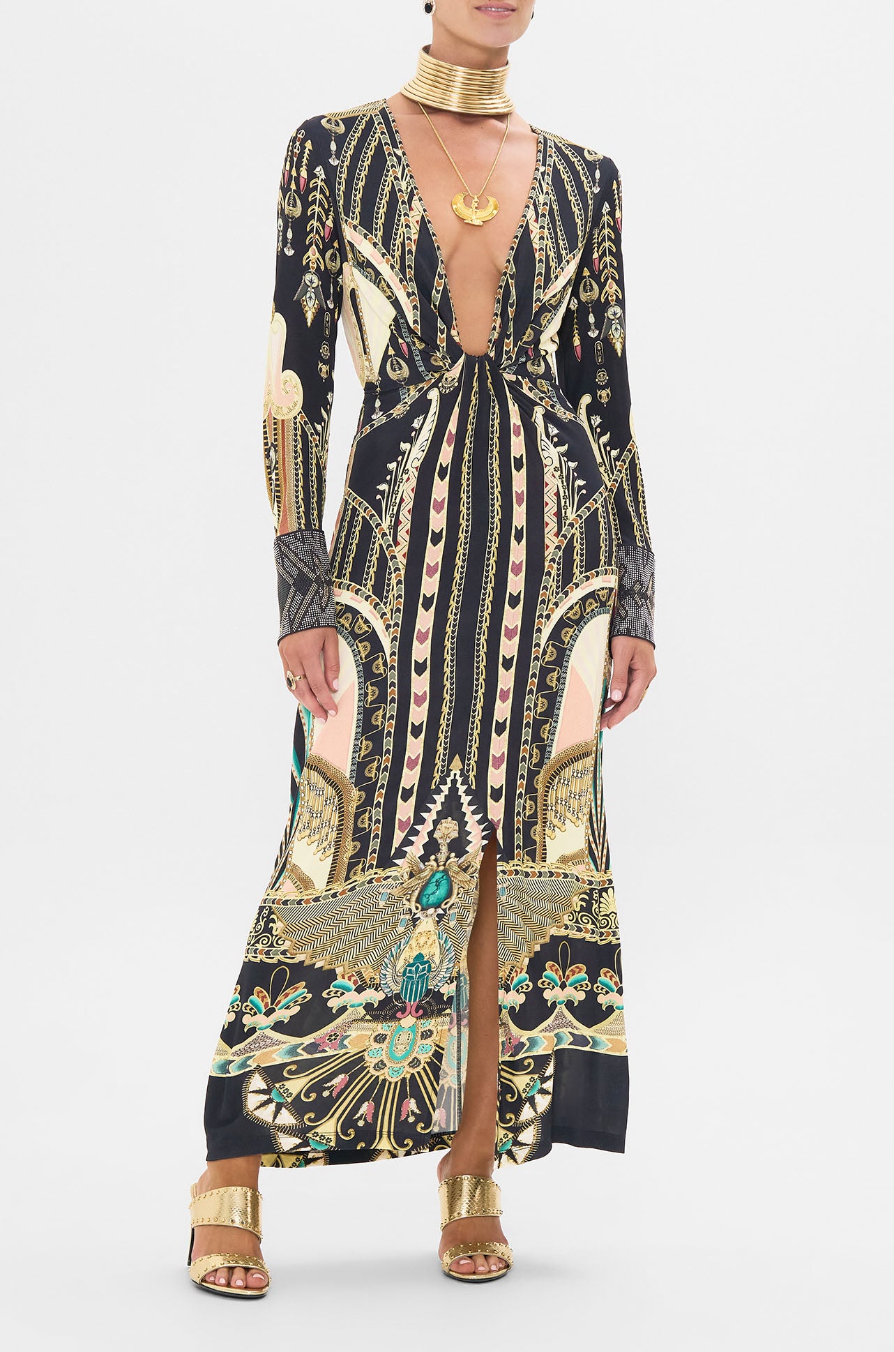 Camilla - They Call Her Nefertari Long V Neck Twist Front Jersey Dress