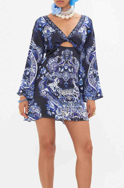 Camilla - Delft Dynasty Long Sleeve Twist Front Short Dress