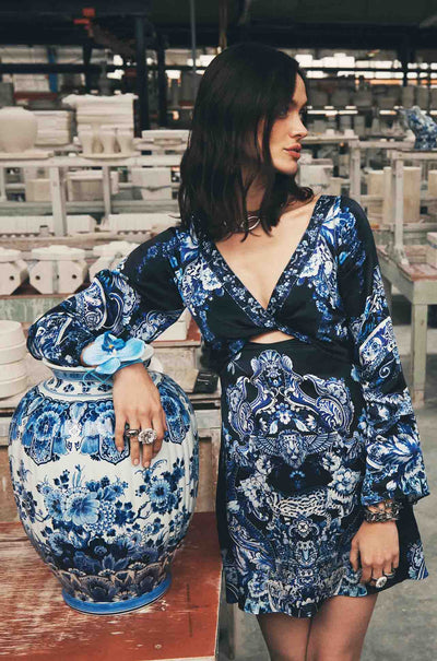 Camilla - Delft Dynasty Long Sleeve Twist Front Short Dress