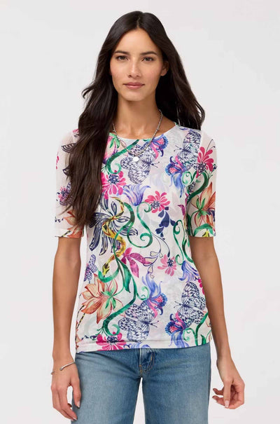 Johnny Was - Elbow Sleeve Boat Neck Mesh Top in Ruthane