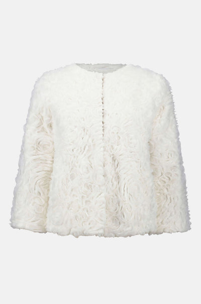 Joseph Ribkoff - Embroidered Faux Fur Collarless Jacket in Vanilla