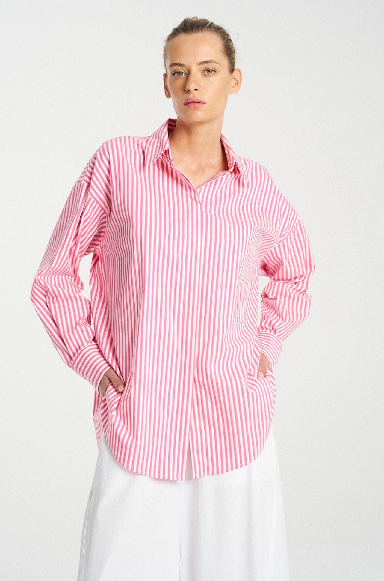 Mela Purdie - Relaxed Pocket Shirt in Hot Pink Stripe Microprene