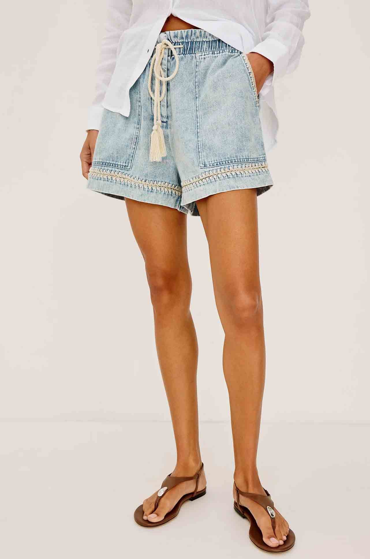 Rails - Foster Short in Bleached Indigo Blanket Stitch
