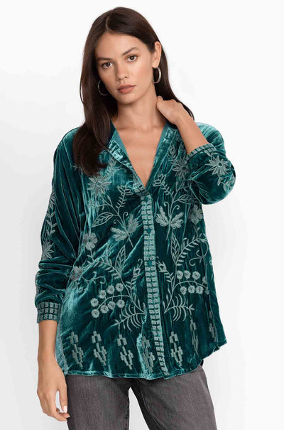 Johnny Was - Georgina Velvet Oversized Shirt in Deep Teal