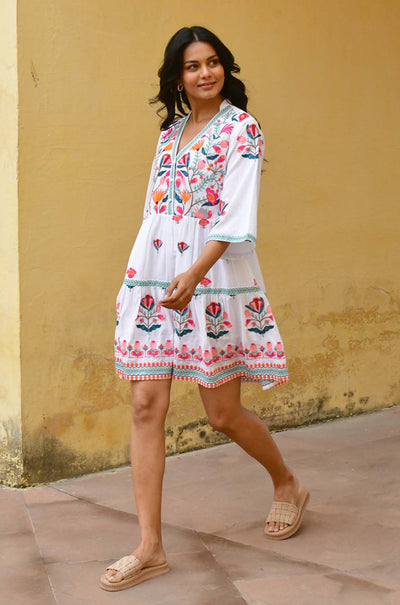 Azure and Indigo - Hummingbird Embroidered Swing Dress
