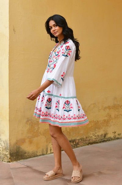 Azure and Indigo - Hummingbird Embroidered Swing Dress