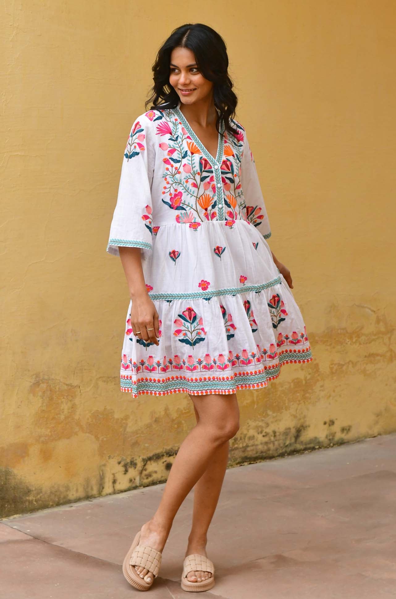 Azure and Indigo - Hummingbird Embroidered Swing Dress