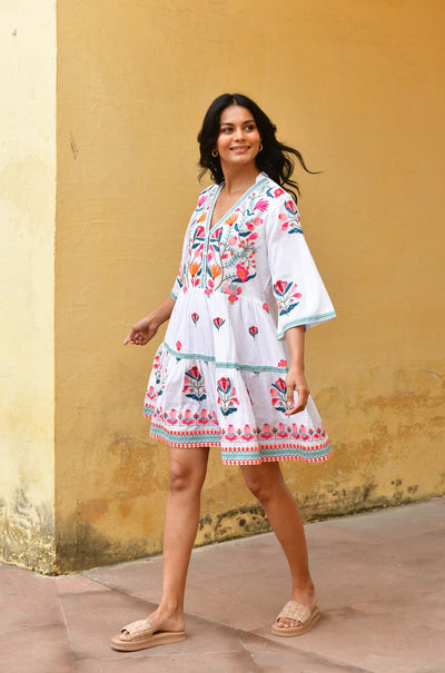 Azure and Indigo - Hummingbird Embroidered Swing Dress