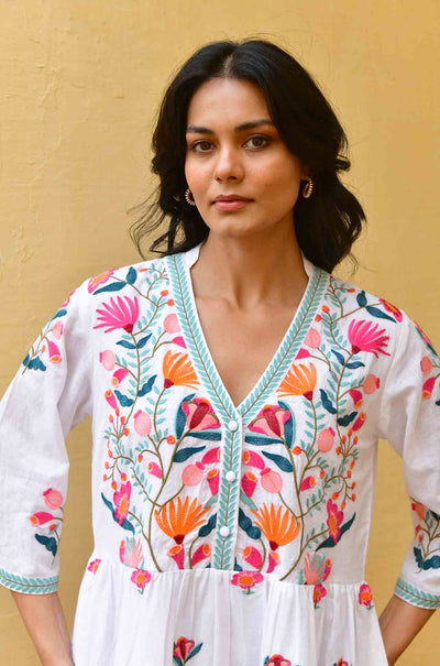 Azure and Indigo - Hummingbird Embroidered Swing Dress