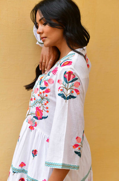 Azure and Indigo - Hummingbird Embroidered Swing Dress