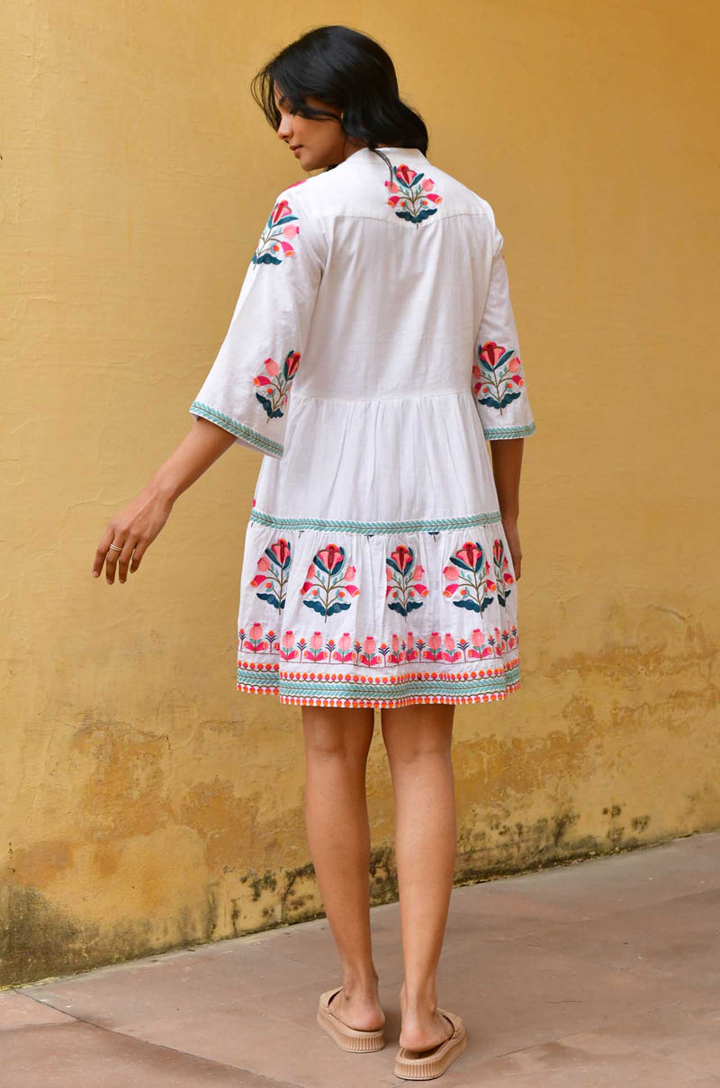 Azure and Indigo - Hummingbird Embroidered Swing Dress