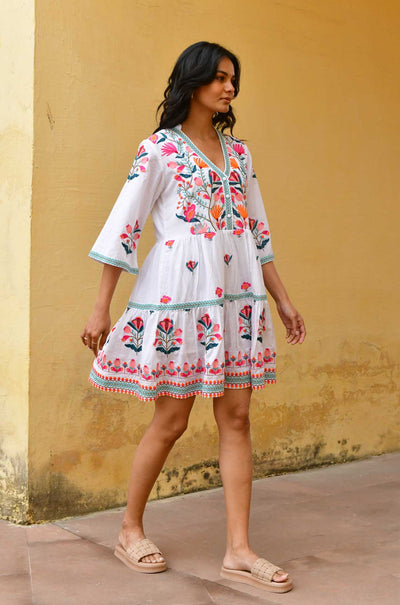 Azure and Indigo - Hummingbird Embroidered Swing Dress
