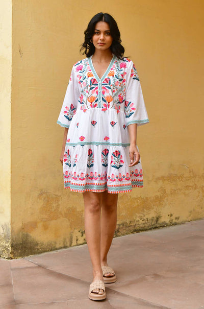 Azure and Indigo - Hummingbird Embroidered Swing Dress