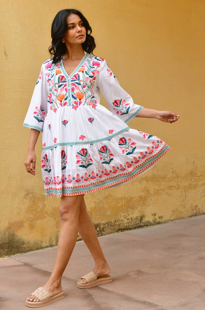 Azure and Indigo - Hummingbird Embroidered Swing Dress
