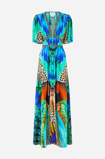Camilla - Jungle Flight Shaped Waistband Dress w/ Flutter Sleeves