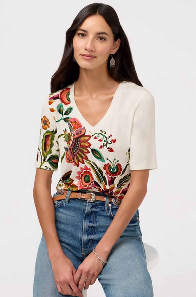 Johnny Was - The Janie Favorite Fitted V Neck Elbow Sleeve Tee in Valley Of The Fleurs