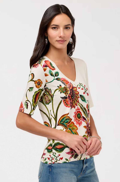 Johnny Was - The Janie Favorite Fitted V Neck Elbow Sleeve Tee in Valley Of The Fleurs
