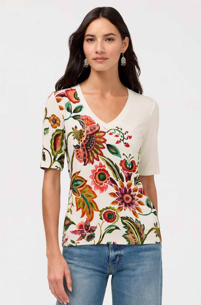Johnny Was - The Janie Favorite Fitted V Neck Elbow Sleeve Tee in Valley Of The Fleurs