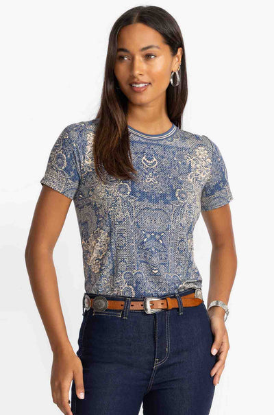 Johnny Was - The Janie Favorite Short Sleeve Crew Neck in Denim Emb Print