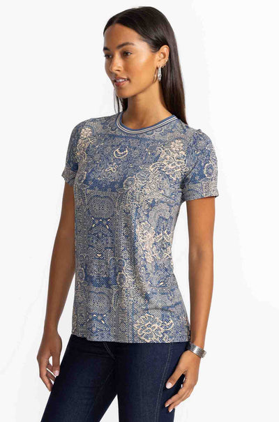 Johnny Was - The Janie Favorite Short Sleeve Crew Neck in Denim Emb Print