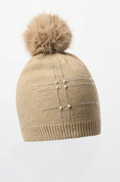 Joseph Ribkoff - Knitted Faux Fur Pompom Hat in Taupe Melange